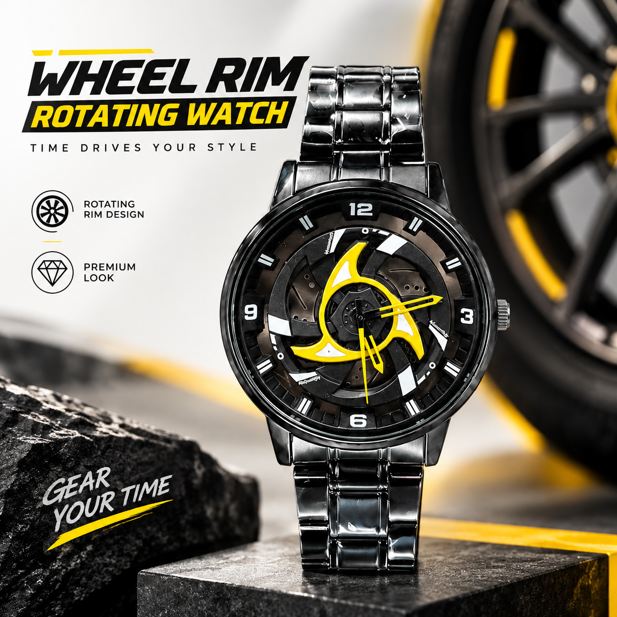 360° Rotating Car Wheel Rim Quartz Watch – Matte Black Metal Sports Wristwatch